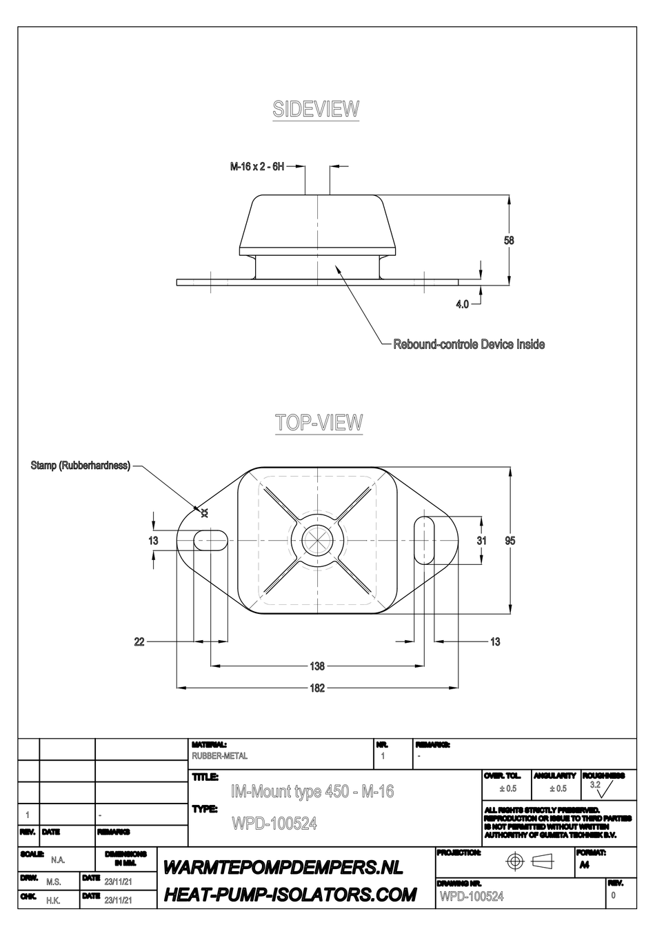 Trillingsdemper Airco / Warmtepomp - IM-Mount type 450 - M16 - 45 shore - max. 180 kg