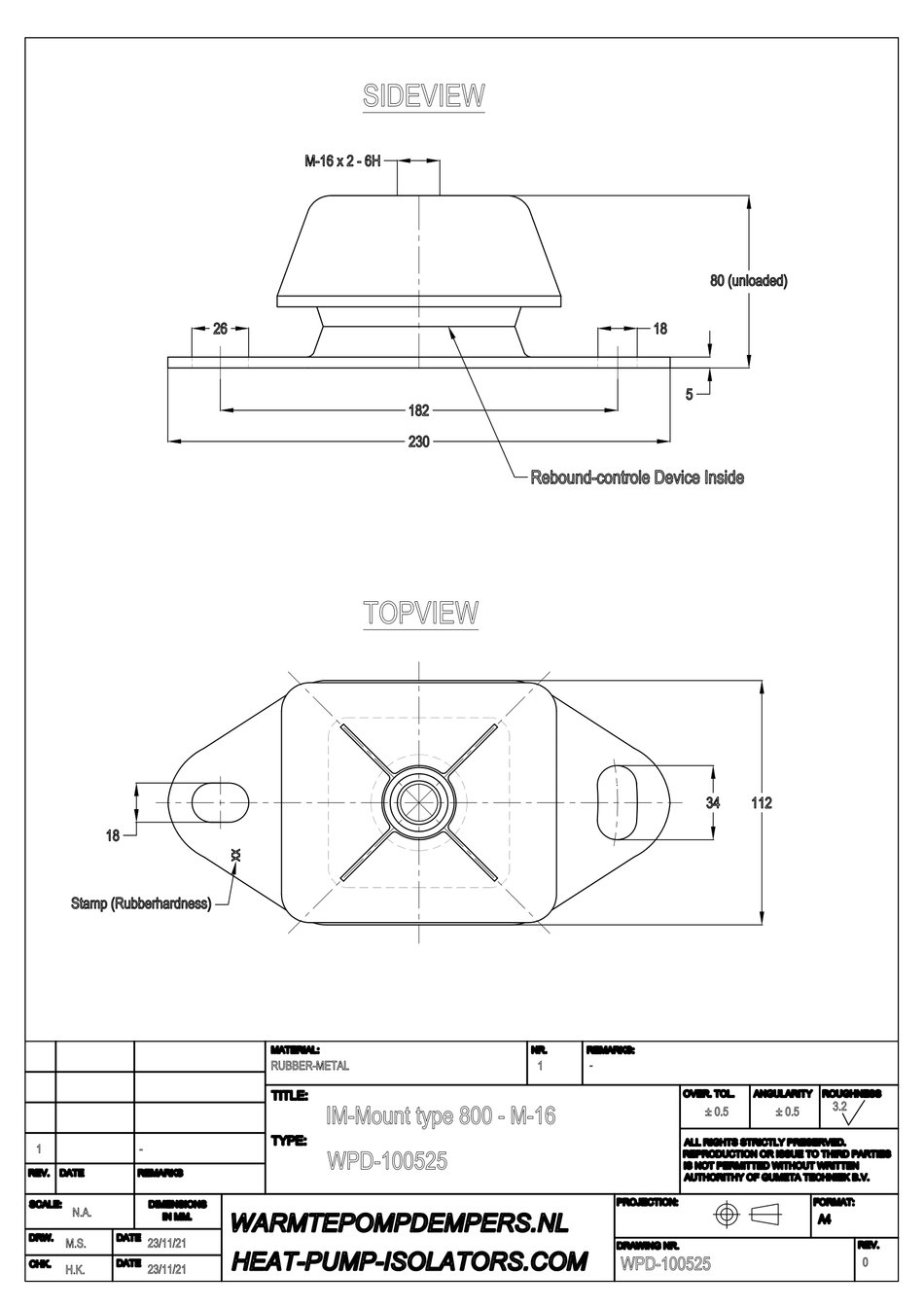 Trillingsdemper Airco / Warmtepomp - IM-Mount type 800 - M16 - 40 shore - max. 200 kg