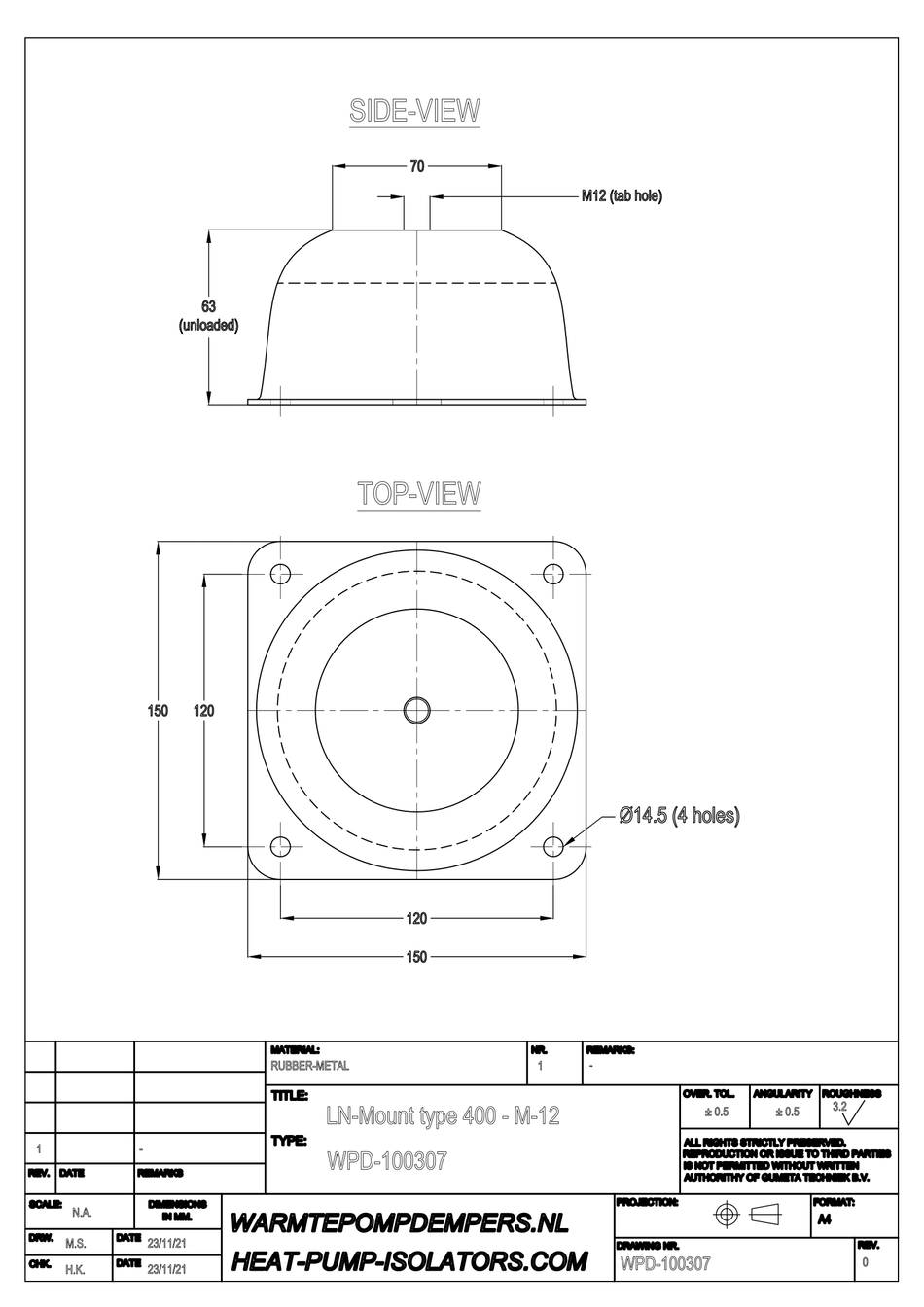 Trillingsdemper Airco / Warmtepomp - LN-Mount type 400 - M12 - 40 shore - max. 200 kg